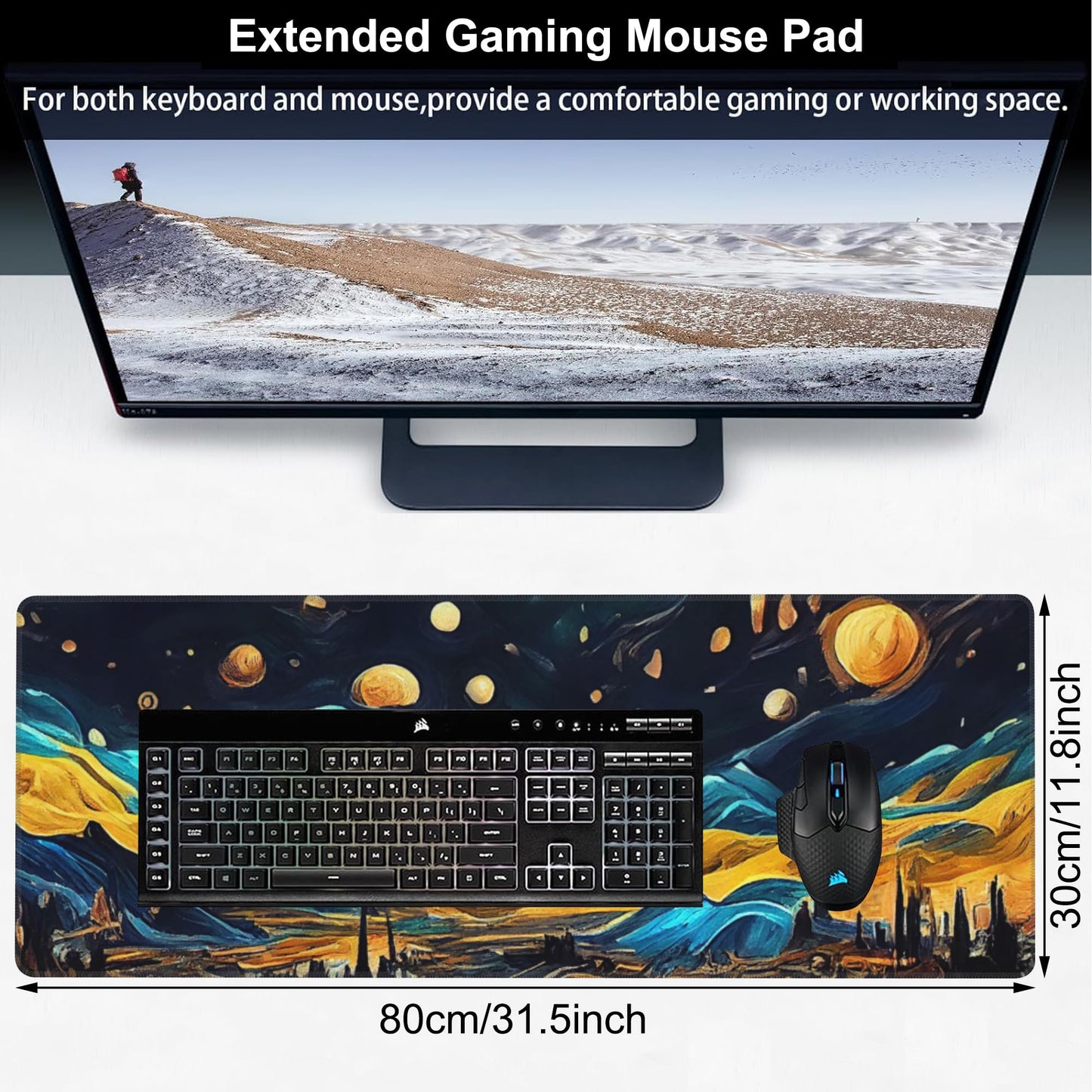 The Starry Night Desk Mat,Large Vincent Van Gogh Oil Painting Gaming Keyboard Mouse Pad,Non-Slip Rubber Base Desk Pad Thick Stitched Edges Waterproof Mousepad Mouse Mat 31.5"x11.8"