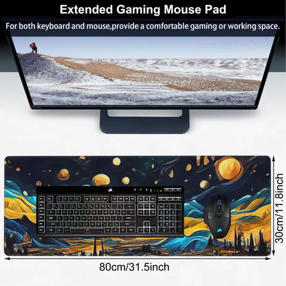 The Starry Night Desk Mat,Large Vincent Van Gogh Oil Painting Gaming Keyboard Mouse Pad,Non-Slip Rubber Base Desk Pad Thick Stitched Edges Waterproof Mousepad Mouse Mat 31.5"x11.8"