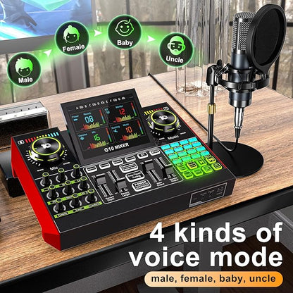 Podcast Equipment Bundle with Live Sound Card Audio Mixer, 3.5mm Condenser Microphone for PC/Phone Streaming and Singing, Podcast Microphone Bundle with Voice Changer sound board