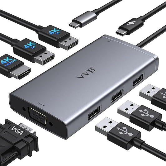 USB C Docking Station Dual Displayport Monitor Adapter for Dell/HP/Lenovo Laptop, Laptop Docking Station 3 Monitors with HDMI 4K+2 DP+VGA USB-C Hub Quadruple Display, Thunderbolt Dock to 100W PD+3USB