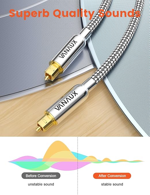VANAUX 33FT Digital Optical Audio Cable (24K Gold Plated Connectors, Aluminum Alloy Shell, Braided Jacket) S/PDIF Toslink Cable for Home Theater, Soundbars, Gaming Consoles