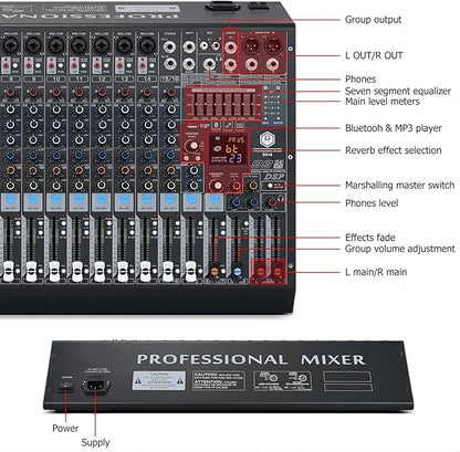 W IN-MIX DX16 Professional DJ Audio Mixer 16 Channel with 99 DSP Effects,7-band EQ,Independent 48V Phantom Power&Mute Button,Bluetooth Function,USB Interface Recording For Studio & Stage