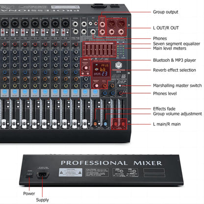 W IN-MIX DX16 Professional 16-Channel DJ Mixer with 99 DSP Effects, 7-Band EQ, 48V Phantom Power, Bluetooth & USB Recording for Live Performance, Studio, Podcast & Streaming