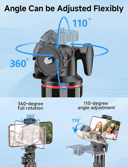 Aluminum Selfie Stick Phone Tripod, 360° Ball Head Selfie Stick for iPhone with Cold Shoe, Extendable Smartphone Tripod Stand with Remote Portable Travel Tripods Compatible with iPhone 16/15/Android