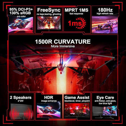 SANSUI 27 Inch Curved Gaming Monitor 180Hz 1ms with Speakers FHD 1080P Computer Monitor FreeSync|1500R|130% sRGB|HDR|Low Blue Light|HDMI DP Ports|VESA Mount|Metal Stand(ES-G27C1 HDMI Cable Incl.)