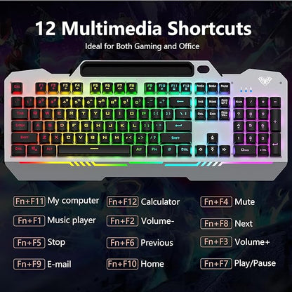 AULA Keyboard, T102 104 Keys Gaming Keyboard and Mouse Combo with RGB Backlit Number Pad, All-Metal Panel Waterproof Light Up PC Keyboard, USB Wired Computer Keyboards Gaming for MAC Xbox PC Gamer