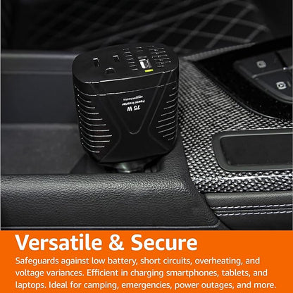 Amazon Basics 75W Car Power Inverter 12V to 110V for Vehicles, Black, 5.07 x 2.65 x 1.6 inches