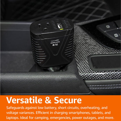 Amazon Basics 75W Portable Car Power Inverter, 12V to 110V, USB Charging Port, AC Outlet for Vehicles, Black, 5.07 x 2.65 x 1.6 inches