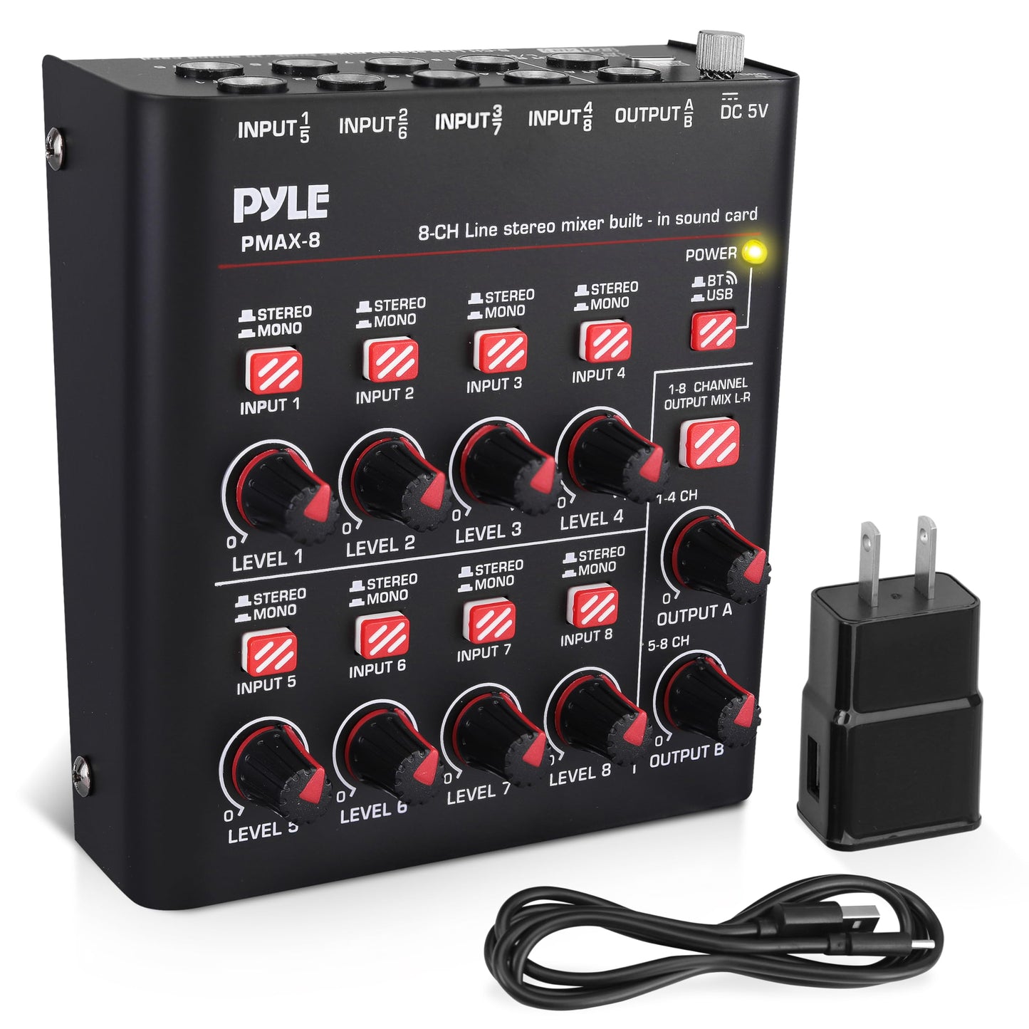 Pyle 8-Channel Bluetooth Mini Line Mixer with USB Audio Interface - 8 Mono/Stereo Switching Inputs | Ultra-low Noise Design with High Headroom | Built-in USB-C Sound Card - PMAX8