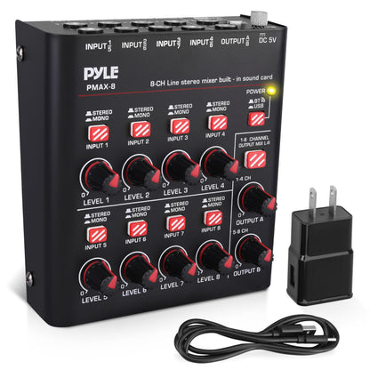 Pyle 8-Channel Bluetooth Mini Line Mixer with USB Audio Interface - 8 Mono/Stereo Switching Inputs | Ultra-low Noise Design with High Headroom | Built-in USB-C Sound Card - PMAX8