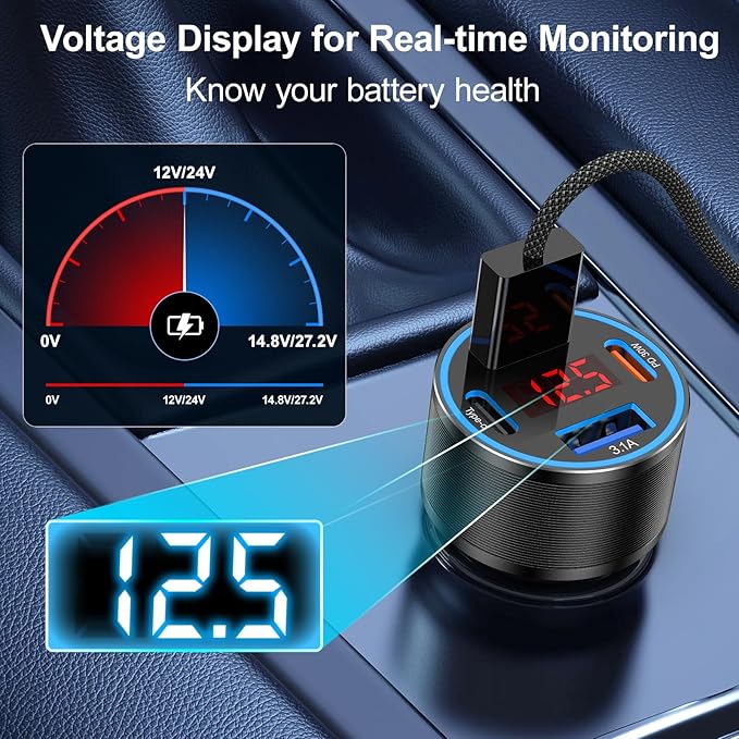 Car Phone Charger USB C,2Pack 4-Port 65W USB C Car Charger Fast Charging Multi Port Cigarette Lighter Adapter with Volt Meter,12V Type C Car Adapter for iPhone 16/16e/15 Pro Max,iPad,Samsung,Android