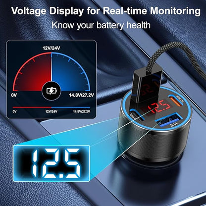 Car Phone Charger USB C,2Pack 4-Port 65W USB C Car Charger Fast Charging Multi Port Cigarette Lighter Adapter with Volt Meter,12V Type C Car Adapter for iPhone 16/16e/15 Pro Max,iPad,Samsung,Android