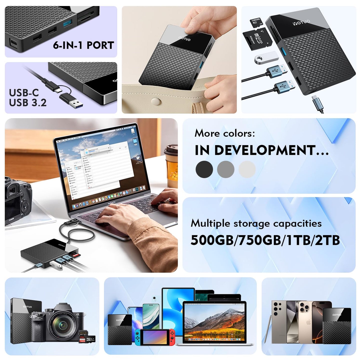 YOTUO Portable 750GB Docking Station External Hard Drive, USB C Multiport Hub HDD 7-in-1, USB 3.0, SD/TF Card Reader, for Windows, Mac, Android, TV, Phone, Laptop, Desktop