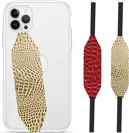 Phone Grip Strap - Pack of 2 Reversible Finger Holder for Phone Back, Customizable Anti-Slip Design, Wireless Charging Compatible Detachable Holder for iPhone - Gold & Red Alligator