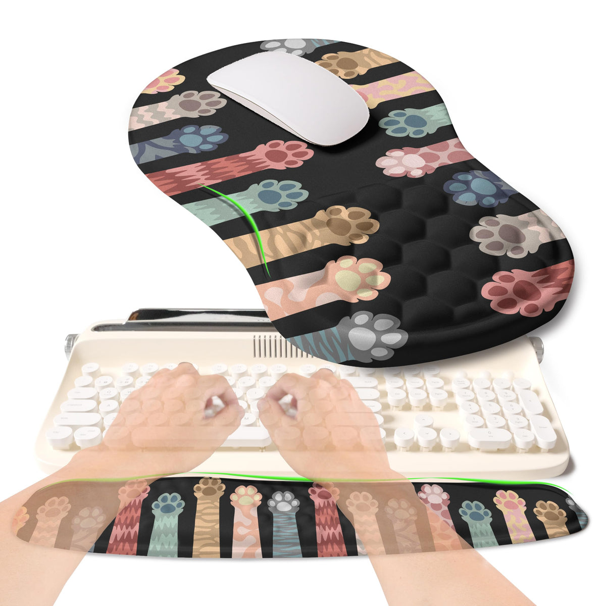 KUOSGM 2-in-1 Ergonomic Set, Wave Rise Keyboard Wrist Rest and Massage Bulge Slope Mouse Pad Wrist Support, Cushion Memory Foam Integrated to Relieve Wrist Pain, Cute Cat Paws