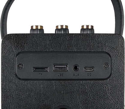 Fuse Andle Vintage Retro Bluetooth Speaker with Vegan Leather Handle | Portable Speaker with Smartphone Connection | USB & AUX Input | Stylish Black Wood Exterior