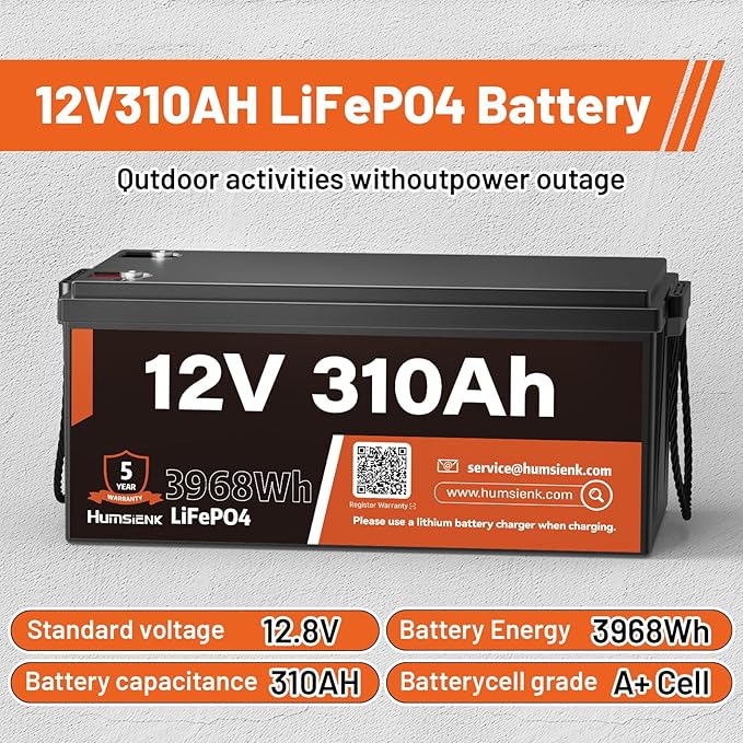 12V 310Ah LiFePO4 Lithium Battery – Max. 3968Wh, 15000+ Deep Cycle Battery with 100A BMS, Low-Temp Cutoff | A+ Grade Cells for Marine, Trolling Motor, Off-Grid Home Energy Storage, Van Life