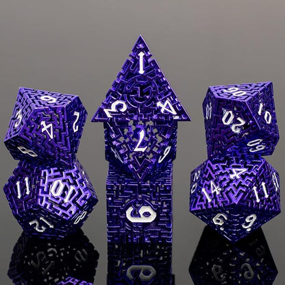Purple Metal Hollow DND Dice Set (Warlock) Metallic Luster Maze Design with Storage Box - Balanced Weight 7 Piece Zinc Alloy, Designed for Dungeons and Dragons DM Player RPG Accessories