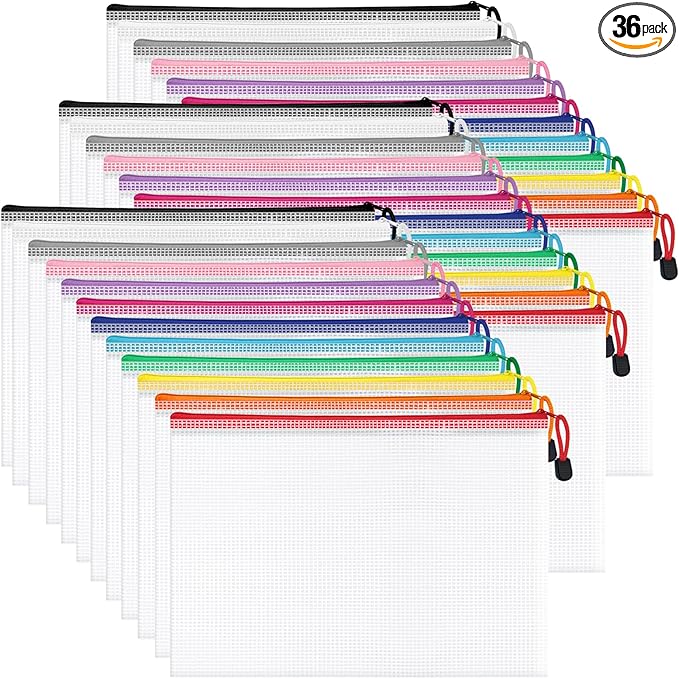36Pack Mesh Zipper Pouch Bags, Waterproof A4 Letter Size Document Zipper Pouches for Storage, Teacher School, Toys, Puzzle, Office, 12 Colors