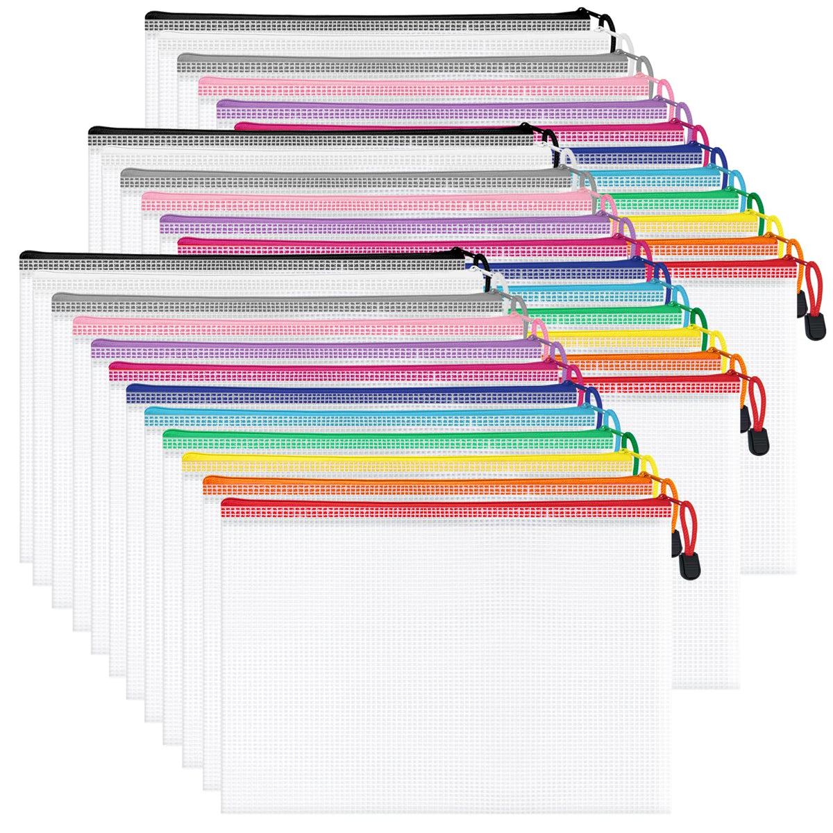 Aubeco 24Pcs A3 Mesh Zipper Pouch File Bags, 16.7x12.7 Inch, 8 Colors