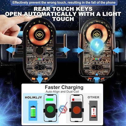 Wireless Car Charger, 15W Fast Charging Auto-Clamping Car Charger Phone Mount Air Vent Cell Phone Holder Compatible with iPhone 16 Pro Max/15/14/13/12/11, Samsung Galaxy S23/S22/S21/S20, etc
