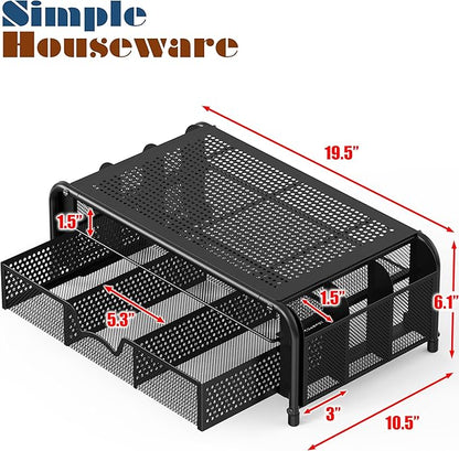 Simple Houseware Monitor Riser Stand with Pull-Out Drawer and Pen Holders, Black