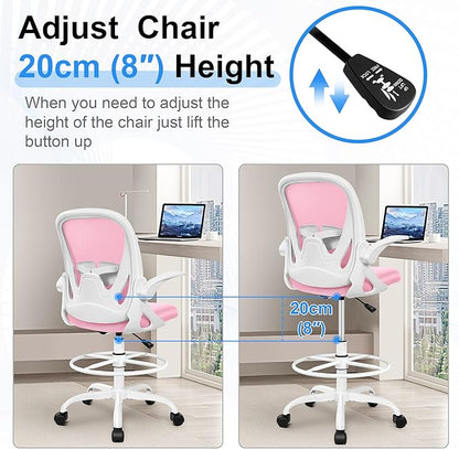 Primy Drafting Chair Tall Office Chair with Flip-up Armrests Executive Ergonomic Computer Standing Desk Chair with Lumbar Support and Adjustable Footrest Ring (Pink)