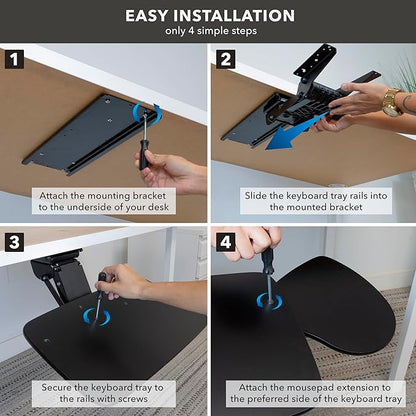 Mount-It! Full Motion Under Desk Keyboard Tray with Wrist Rest | Height and Tilt Adjustable Ergonomic Slide Out Keyboard Platform with Swivel, Mouse Pad for Left or Right Setup