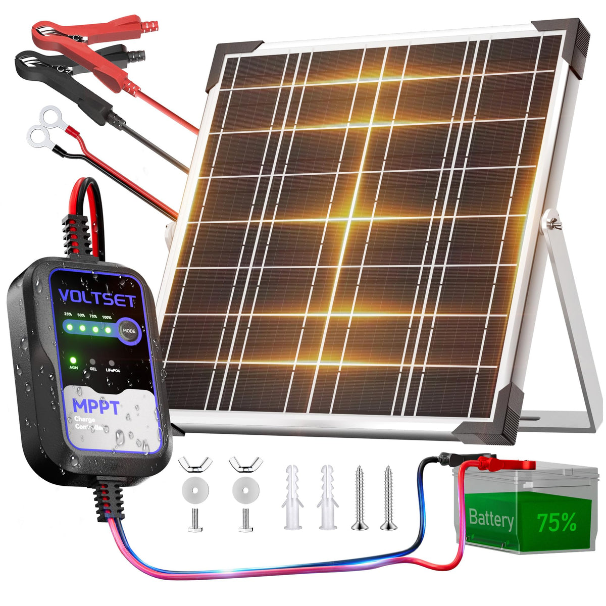 Voltset 20W 12V Solar Panel Battery Charger Trickle Maintainer Kit