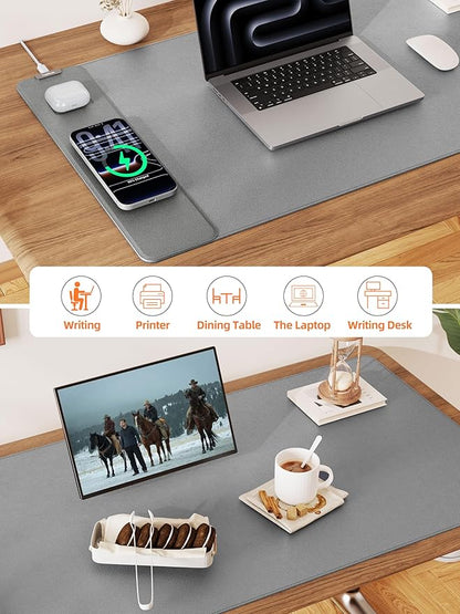 TopMade Mouse Pad with 15W Wireless Charging, XXL Large Leather Desk Mat, Waterproof Gaming Mousepad Home Office Desk Pad Protector, Computer Keyboard Pad, Mouse Mat for for MacBook, PC, Laptop, Gray