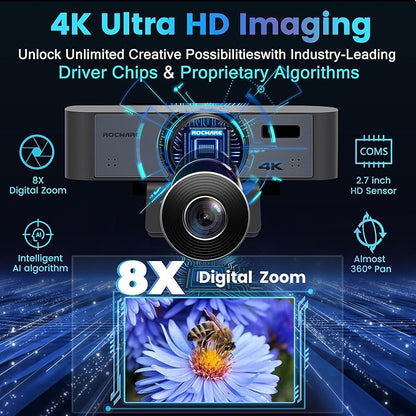 ROCWARE 4K Webcam with Remote, RC16 Computer Camera with Microphone,1080p 60fps FHD,AI Tracking,Privacy Cover, WDR,110°FOV,8X Digital Zoom,Streaming Camera for PC/Meeting/Teaching/Zoom