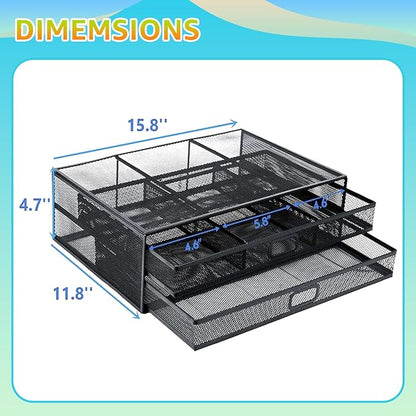 Computer Monitor Stands with Drawers, Metal Mesh Desktop Monitor Riser, Desk Storage Organizer with Drawers for PC, Laptop, Printer (Black)