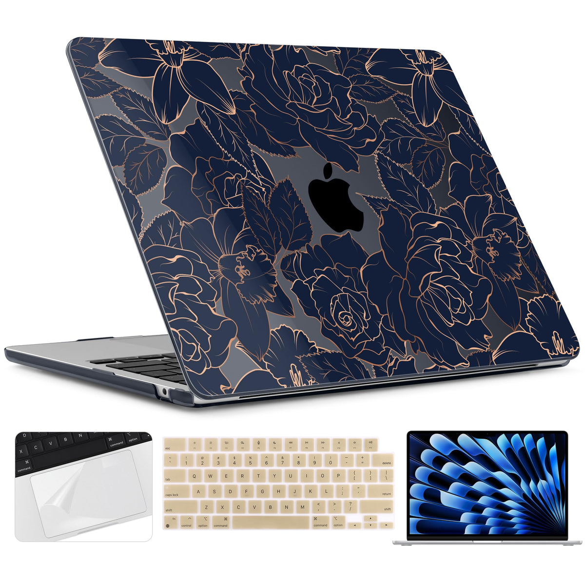 TWOLSKOO for MacBook Air 15 inch Case 2026 2025 2024 2023 Release M5 A3448 M4 A3241 M3 A3114 M2 A2941, Plastic Hard Shell & Screen Protector & Keyboard Cover & Type C Adapter, Graphite Marble