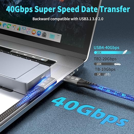 USB4 Thunderbolt 4 Cable, 240W Charging, 40 Gbps Data, 8K @ 60Hz HDR, USB C to USB C, 90Degree for Hub, Dock MacBook, M2, M3, Mac SSD (90Degree USB4 40G 240W 1.5M)