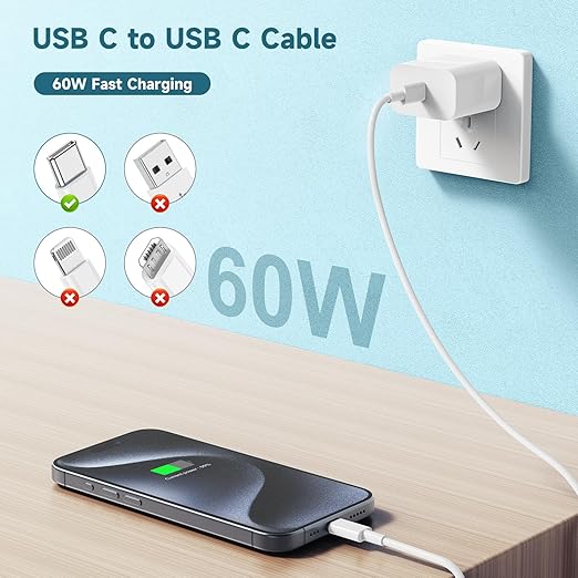 USB C to USB C Cable 60W[3Pack] iPhone 15 Fast Charging Cable,10ft Long USB-C to USBC Power Cord for iPhone 15/15 Pro/15 Plus/15 Pro Max,MacBook Pro Air/IPad Air 4/5/iPad Pro 12.9/11(White)