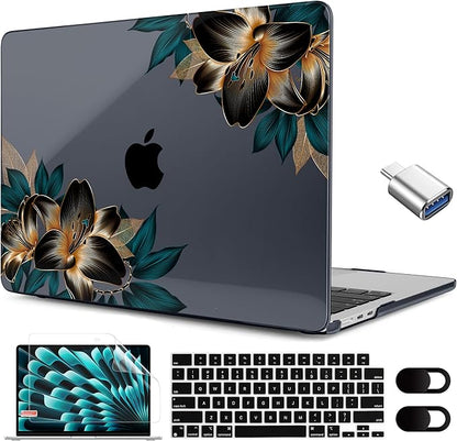 MEEgoodo for M4/M3/M2 MacBook Air 15.3 inch Case 2025 2024 2023, Case Fit Model (A3241/A3114/A2941) for MacBook Air 15 inch, Laptop Hard Shell with Keyboard Cover, Golden Lilies