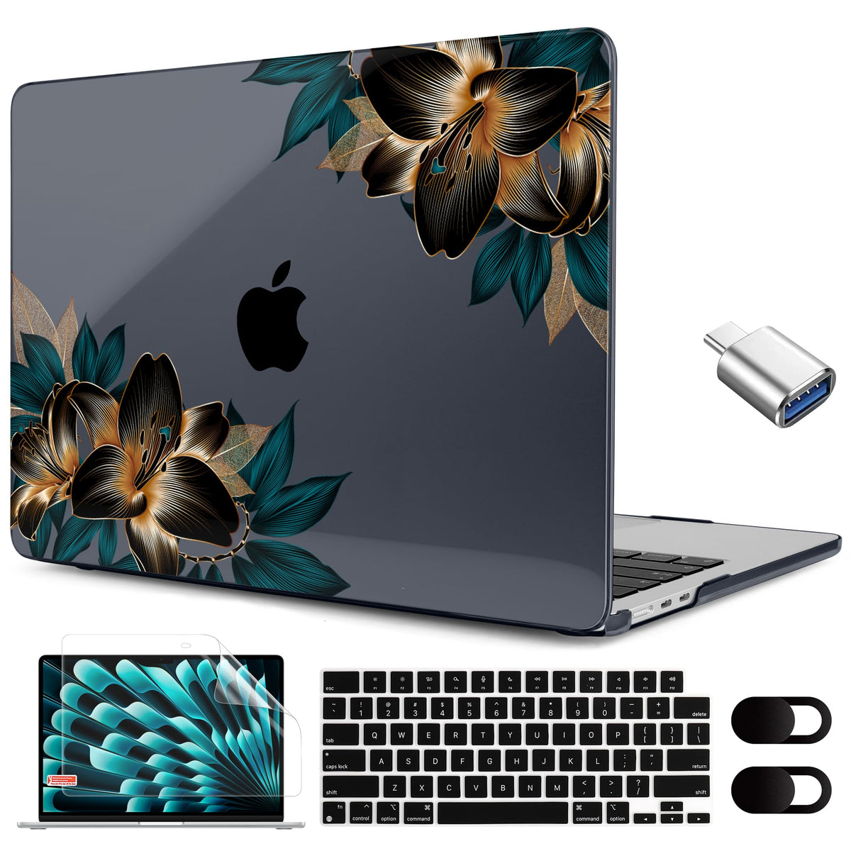 MEEgoodo for M5/M4/M3/M2 MacBook Air 15 inch Case 2026 2025 2024 2023, Case Fit Model (A3448/A3241/A3114/A2941) for MacBook Air 15.3 inch, Gold Flowers Lilies