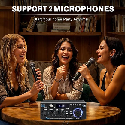 AK45 Stereo Receivers Amplifier Home Audio with Bluetooth, 300W, 2.0 Channel Power Amplifier for Home Stereo Syetem with RCA,SD,FM,USB, MIC in,Bluetooth Receiver for Karaoke,Studio