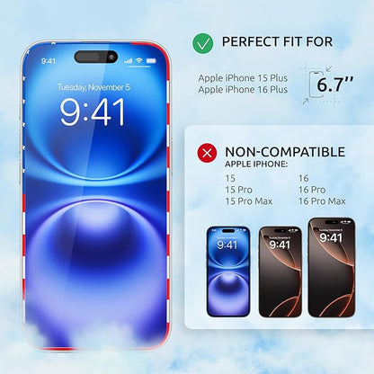 Screen Protector for iPhone 15 Plus / 16 Plus - Tempered Glass Screen Protector (2 Pack) - USA Flag & Black Frame - 9H Hardness Full Coverage - Oleophobic Coating with Easy Installation