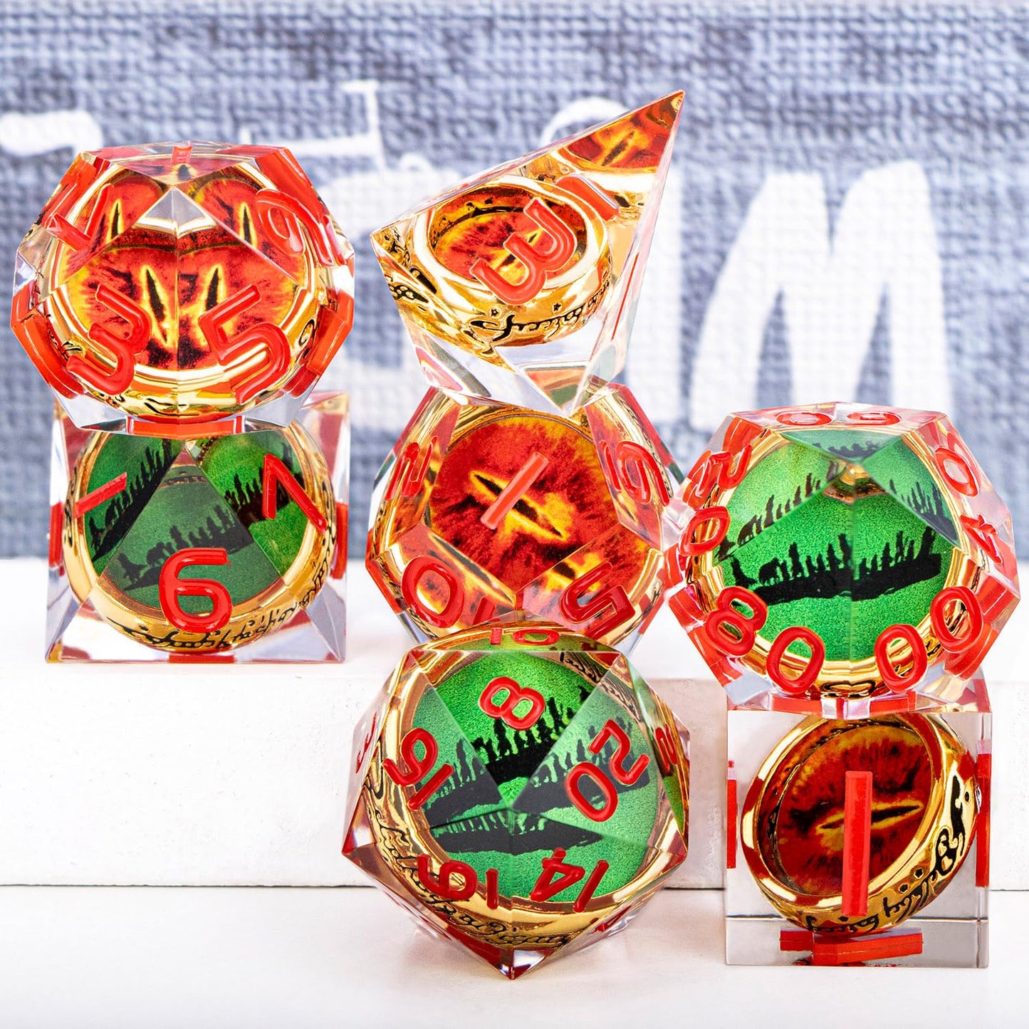 ORIFANTOU Magic Golden Ring DND Dice Set Sharp Edge Red Gaze Eye Resin Dice with Box, for use with RPG D&D Tabletop Games Lord D and D Polyhedral Dice Set