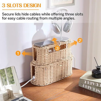 FairyHaus Cable Management Box 2Pack Cream, Handwoven Large and Small Cable Organizer Box Cover to Hide Cords and Power Strip, Imitation Wicker Cord Organizer Box Hider for Office Desk and Floor