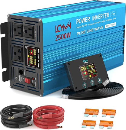Power Inverter 2500 Watt Pure Sine Wave 12V DC to 110V/120V AC 5000W Peak Converter for Family RV Off Grid Solar System with 3 AC Outlets LCD Display Remote Control and 2.4A USB Charging Port