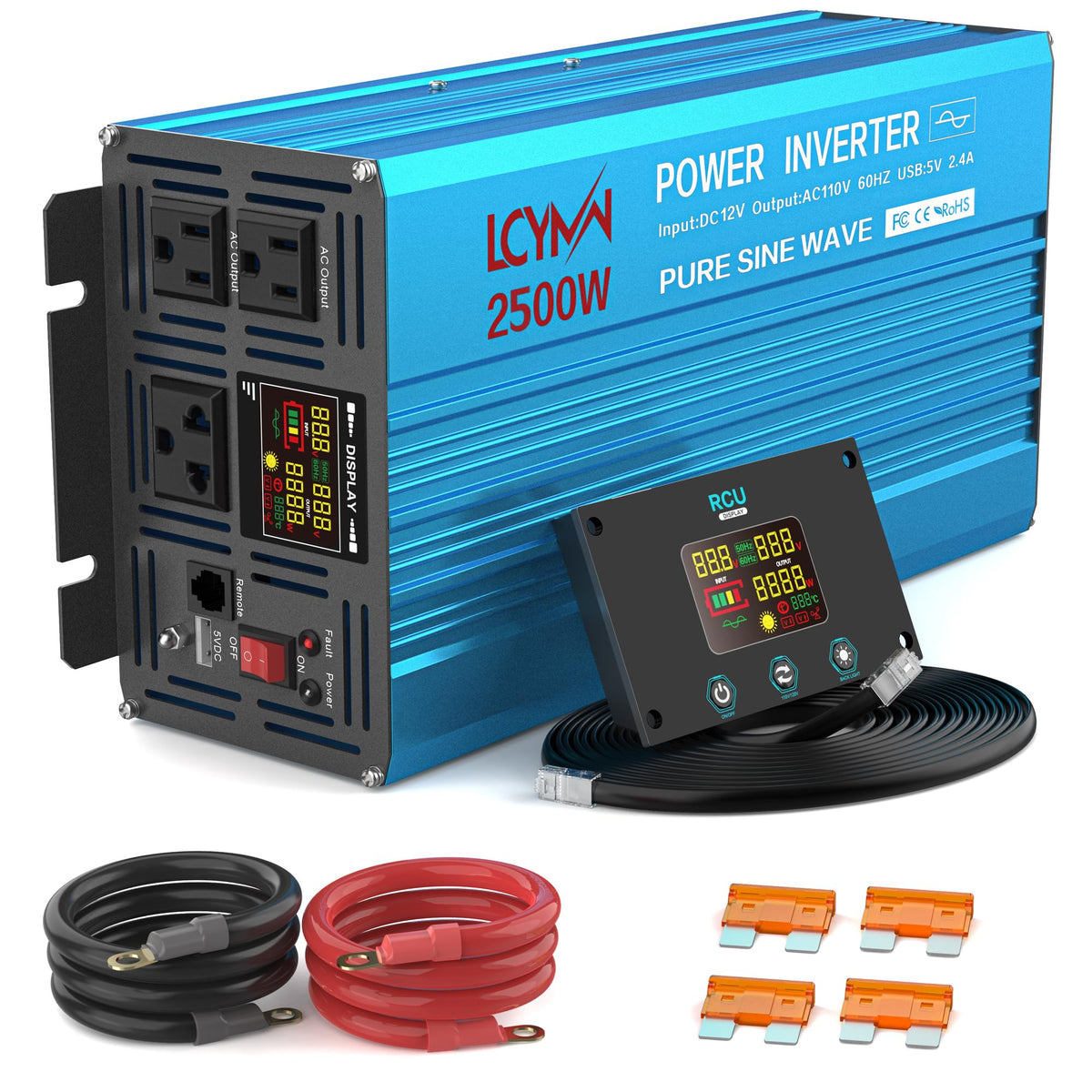 4000 Watt Pure Sine Wave Power Inverter DC 24V to 110/120V AC with 2 AC Charger Outlets and Wiring Terminal 8000W Peak Car Solar Converter for Vehicles Home with LCD Display and 2.4A USB Charging Port