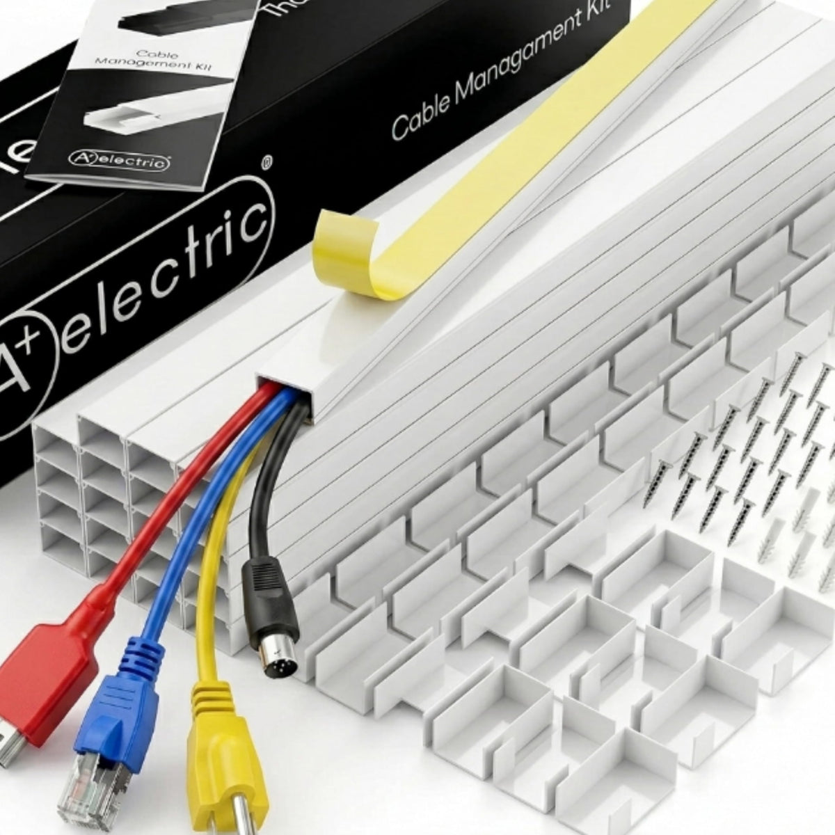 A+ ELECTRIC Cord Cover Full Kit, 26ft/315in Self-Adhesive Cable Raceway, 20 Snap-On Channels, Wire Hider for TV, HDMI & Speaker Cables, Includes Connectors & Corners, Paintable Cable Management, White