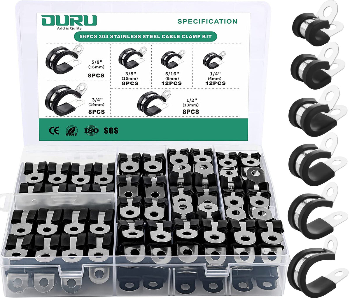 OURU 5/16 Inch Cable Clamps, Rubber Coated Insulated Clamps, 30pcs, 8mm