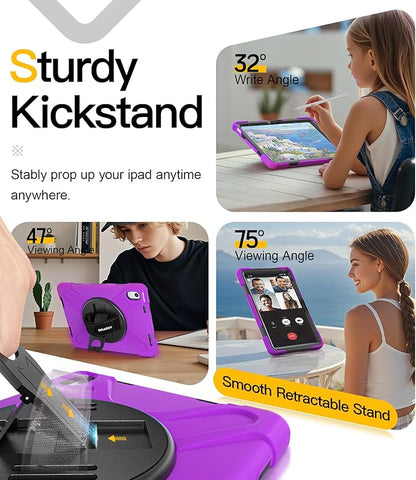 BRAECN for iPad (A16) 11th/10th Generation case 11/10.9 inch 2025/2022 Heavy Duty Shockproof Protective with Pencil Holder Screen Protector 360°Rotating Stand Handle & Shoulder Strap Full Body Cover