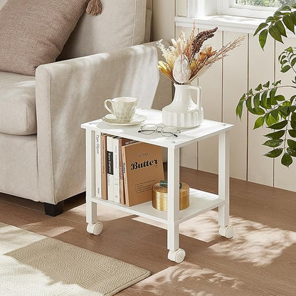 2 Tier Printer Stand with Storage,Under Desk Shelf Printer Table, Rolling Printer Cart for Office,Home,White