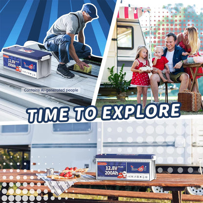 Timeusb 12V 200Ah Plus LiFePO4 Battery, Built-in 200A BMS, Deep Cycle Battery with Max 2560W Output Power, Perfect for Your RVs, Solar System, Off-grid, Travel Trailer, etc