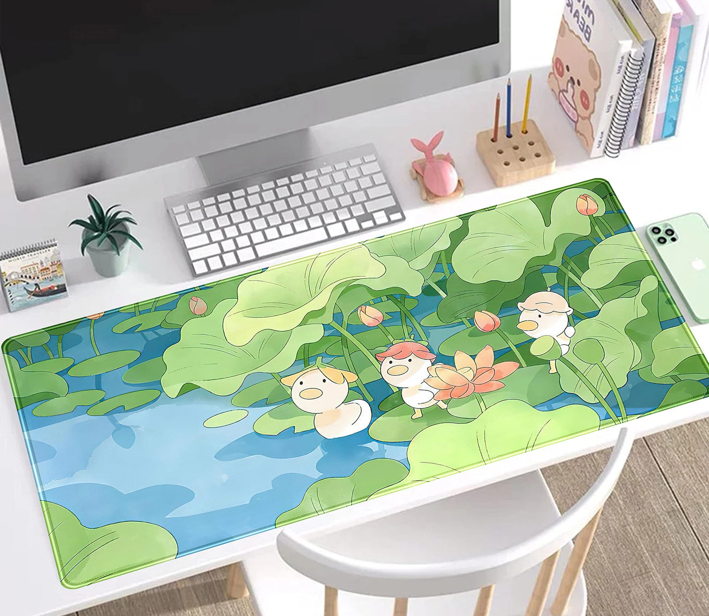 Green Cute Anime Desk Mat Kawaii Cartoon Ducks Gaming Mouse Pad XXL Large Anime Girl Gamer Mousepad Women Office Decor Desk Pad Aesthetic Lotus Leaf Laptop Keyboard Pad Computer Mat 31.5x15.75 in