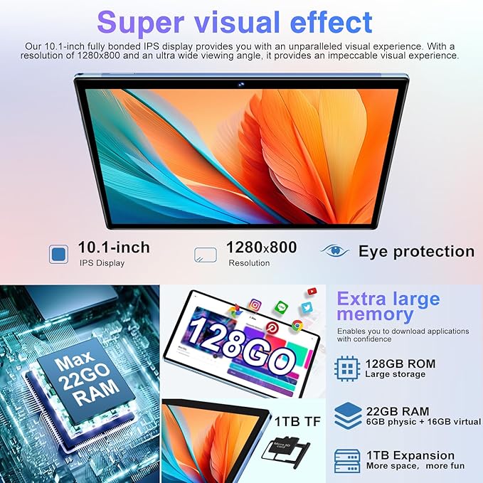 Android Tablet with Keyboard, 10 inch Android 14 Tablets 22GB+128GB, Octa-Core CPU, 8000mAh, HD IPS Display, 5G WiFi, BT 5.0, GPS, Widevine L1, 1TB Expandable, Mouse, Split Screen, Metal Body -Blue